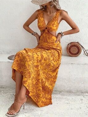 Breezaya Plants Print Cut Out Waist Dress Maxi Vacation Beach Outfits Women